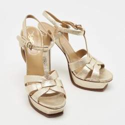 Pre Owned Saint Laurent Gold Texture Leather Tribute Sandals Size 39