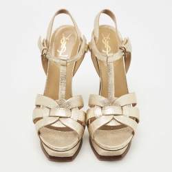Pre Owned Saint Laurent Gold Texture Leather Tribute Sandals Size 39