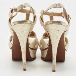 Pre Owned Saint Laurent Gold Texture Leather Tribute Sandals Size 39