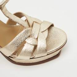 Pre Owned Saint Laurent Gold Texture Leather Tribute Sandals Size 39