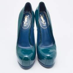 Saint Laurent Blue Patent Leather Tribtoo Platform Pumps Size 40