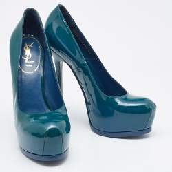 Saint Laurent Blue Patent Leather Tribtoo Platform Pumps Size 40