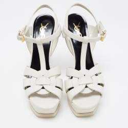 Pre Owned Saint Laurent White Leather Tribute Ankle Strap Sandals Size 38.5