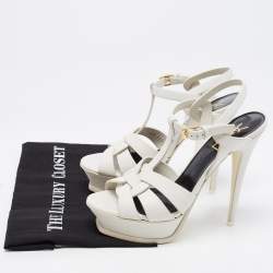 Pre Owned Saint Laurent White Leather Tribute Ankle Strap Sandals Size 38.5