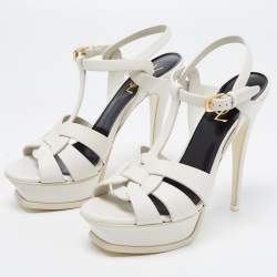 Pre Owned Saint Laurent White Leather Tribute Ankle Strap Sandals Size 38.5