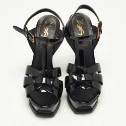 Saint Laurent Black Patent Leather Tribute Ankle Strap Sandals Size 36