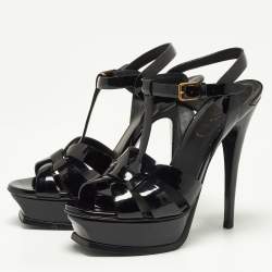 Saint Laurent Black Patent Leather Tribute Ankle Strap Sandals Size 36