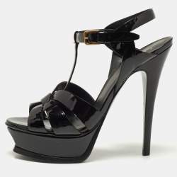 Saint Laurent Black Patent Leather Tribute Ankle Strap Sandals Size 36