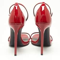 Pre Owned Saint Laurent Red Patent Leather Jane Ankle Strap Sandals Size 37.5