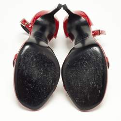 Pre Owned Saint Laurent Red Patent Leather Jane Ankle Strap Sandals Size 37.5