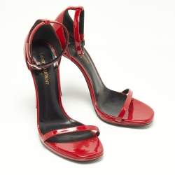 Pre Owned Saint Laurent Red Patent Leather Jane Ankle Strap Sandals Size 37.5