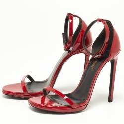 Pre Owned Saint Laurent Red Patent Leather Jane Ankle Strap Sandals Size 37.5
