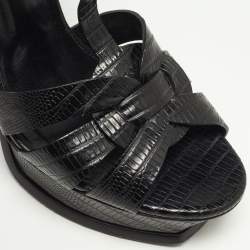 Saint Laurent Black Lizard Embossed Leather Tribute Platform Sandals Size 38