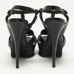 Saint Laurent Black Lizard Embossed Leather Tribute Platform Sandals Size 38