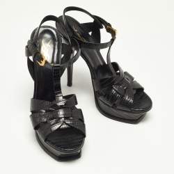 Saint Laurent Black Lizard Embossed Leather Tribute Platform Sandals Size 38