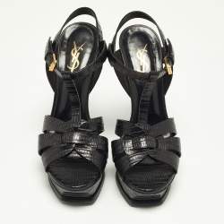 Saint Laurent Black Lizard Embossed Leather Tribute Platform Sandals Size 38