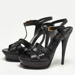 Saint Laurent Black Lizard Embossed Leather Tribute Platform Sandals Size 38