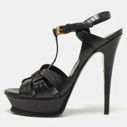 Saint Laurent Black Lizard Embossed Leather Tribute Platform Sandals Size 38