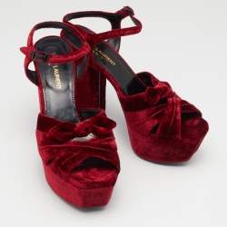 Pre Owned Saint Laurent Red Velvet Candy Bow Sandals Size 36.5