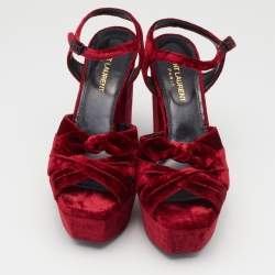 Pre Owned Saint Laurent Red Velvet Candy Bow Sandals Size 36.5