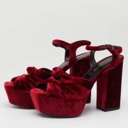 Pre Owned Saint Laurent Red Velvet Candy Bow Sandals Size 36.5