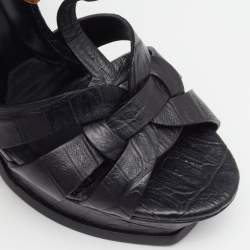Pre Owned Saint Laurent Black Croc Embossed Leather Tribute Sandals Size 37
