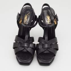 Pre Owned Saint Laurent Black Croc Embossed Leather Tribute Sandals Size 37