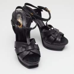 Pre Owned Saint Laurent Black Croc Embossed Leather Tribute Sandals Size 37