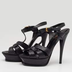 Pre Owned Saint Laurent Black Croc Embossed Leather Tribute Sandals Size 37