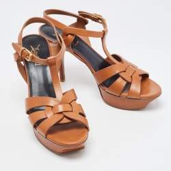 Pre Owned Saint Laurent Brown Leather Tribute Sandals Size 39