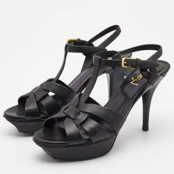 Pre Owned Saint Laurent Black Leather Tribute Sandals Size 39