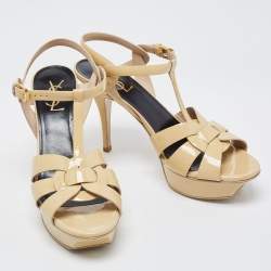 Saint Laurent Beige Patent Leather Tribute  Sandals Size 39.5