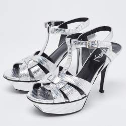 مملوكة مسبقًا Saint Laurent Silver Lizard Embossed Leather Tribute Sandals Size 35.5