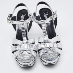 مملوكة مسبقًا Saint Laurent Silver Lizard Embossed Leather Tribute Sandals Size 35.5