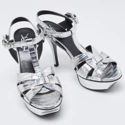 مملوكة مسبقًا Saint Laurent Silver Lizard Embossed Leather Tribute Sandals Size 35.5