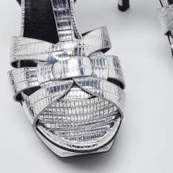 مملوكة مسبقًا Saint Laurent Silver Lizard Embossed Leather Tribute Sandals Size 35.5