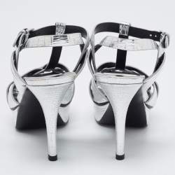 مملوكة مسبقًا Saint Laurent Silver Lizard Embossed Leather Tribute Sandals Size 35.5