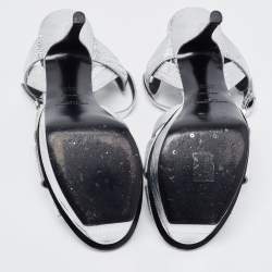 مملوكة مسبقًا Saint Laurent Silver Lizard Embossed Leather Tribute Sandals Size 35.5