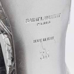 Pre Owned Saint Laurent Silver Croc Embossed Leather Tribute Sandals Size 36
