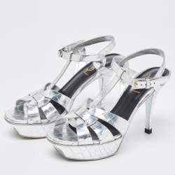 Pre Owned Saint Laurent Silver Croc Embossed Leather Tribute Sandals Size 36