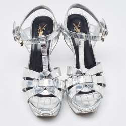 Pre Owned Saint Laurent Silver Croc Embossed Leather Tribute Sandals Size 36