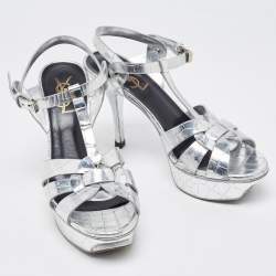 Pre Owned Saint Laurent Silver Croc Embossed Leather Tribute Sandals Size 36