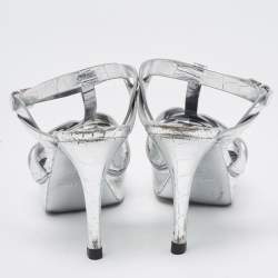 Pre Owned Saint Laurent Silver Croc Embossed Leather Tribute Sandals Size 36