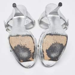 Pre Owned Saint Laurent Silver Croc Embossed Leather Tribute Sandals Size 36