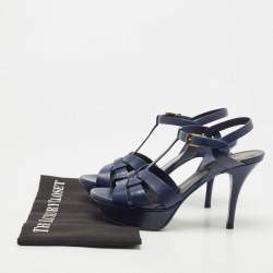 Pre Owned Saint Laurent Navy Blue Leather Tribute Sandals Size 37.5