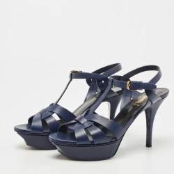 Pre Owned Saint Laurent Navy Blue Leather Tribute Sandals Size 37.5