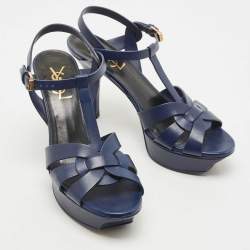 Pre Owned Saint Laurent Navy Blue Leather Tribute Sandals Size 37.5