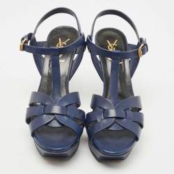 Pre Owned Saint Laurent Navy Blue Leather Tribute Sandals Size 37.5