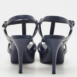 Pre Owned Saint Laurent Navy Blue Leather Tribute Sandals Size 37.5