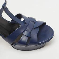 Pre Owned Saint Laurent Navy Blue Leather Tribute Sandals Size 37.5